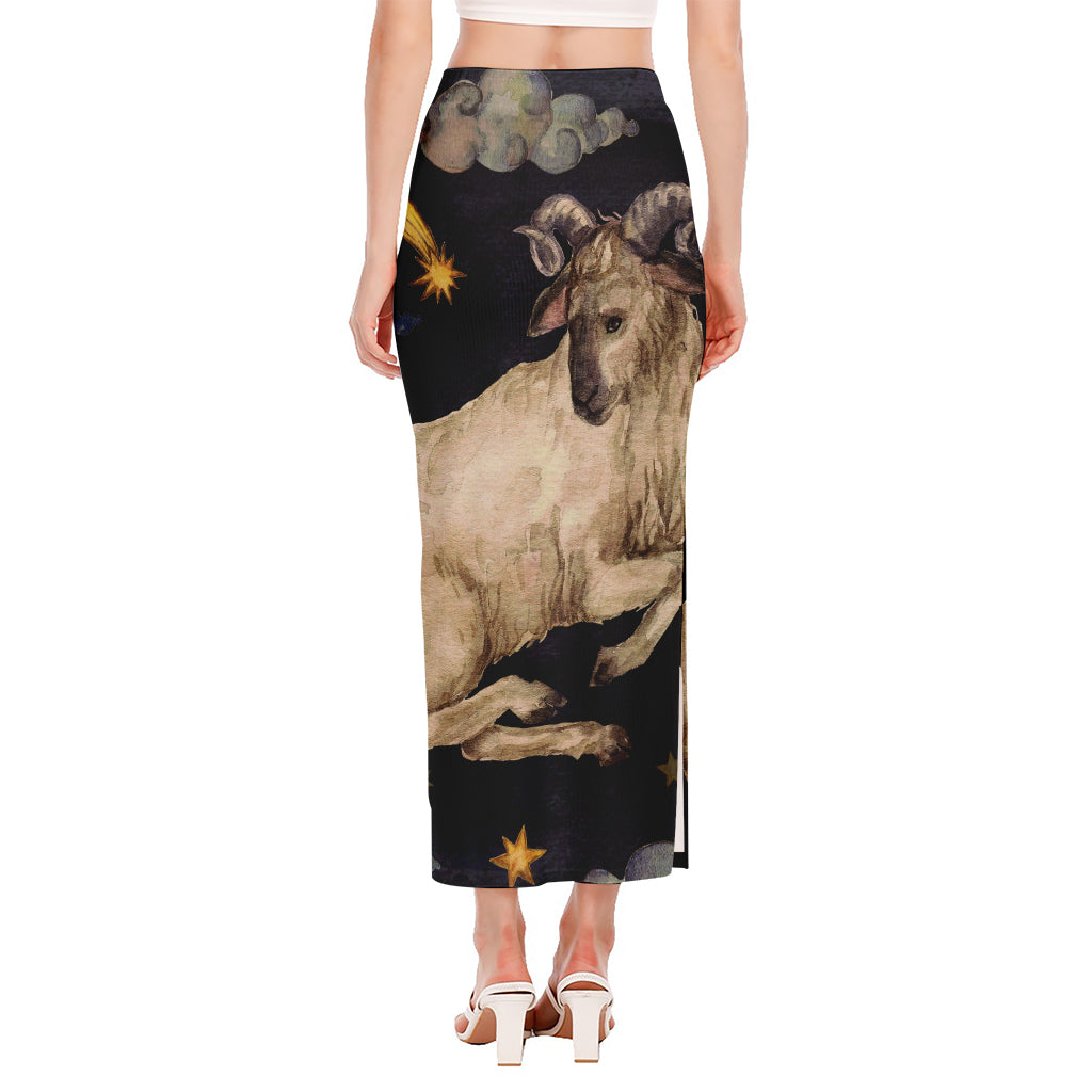 Watercolor Aries Zodiac Sign Print Side Slit Maxi Skirt
