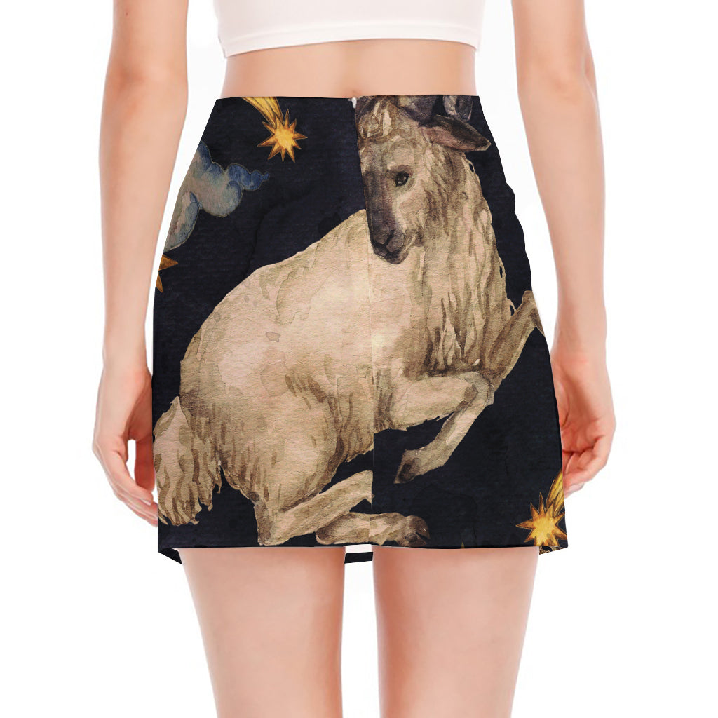 Watercolor Aries Zodiac Sign Print Side Slit Mini Skirt