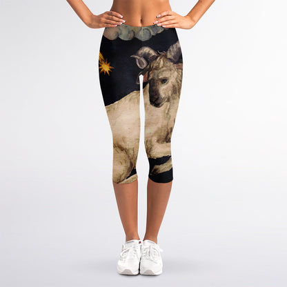 Watercolor Aries Zodiac Sign Print Women's Capri Leggings