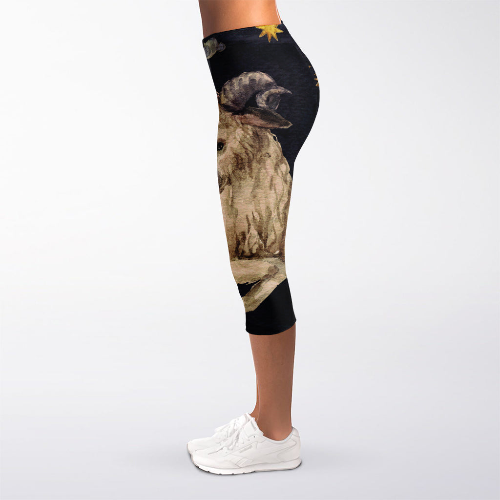 Watercolor Aries Zodiac Sign Print Women's Capri Leggings
