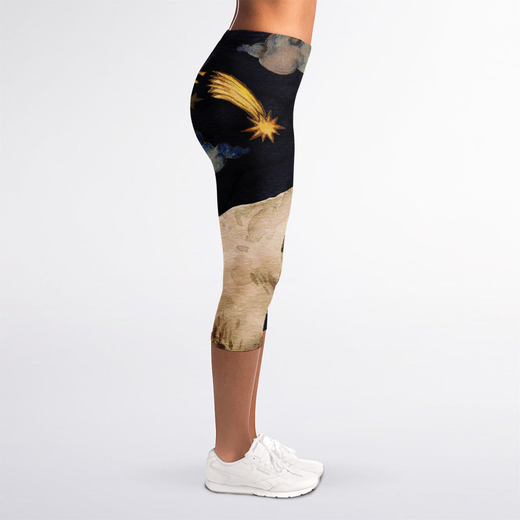 Watercolor Aries Zodiac Sign Print Women's Capri Leggings