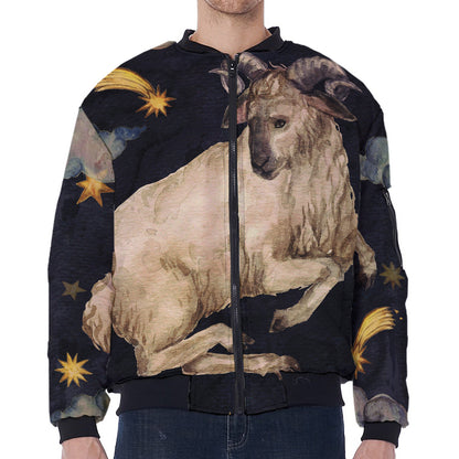 Watercolor Aries Zodiac Sign Print Zip Sleeve Bomber Jacket