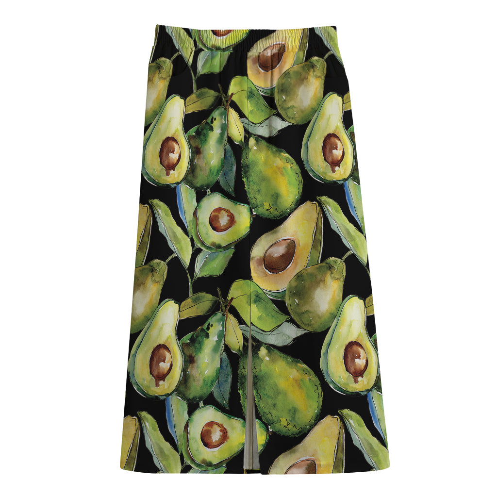 Watercolor Avocado Print Cotton Front Slit Maxi Skirt