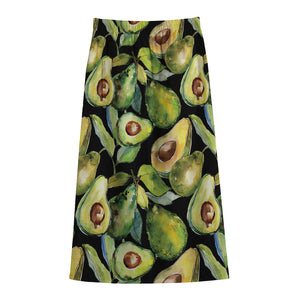 Watercolor Avocado Print Cotton Front Slit Maxi Skirt