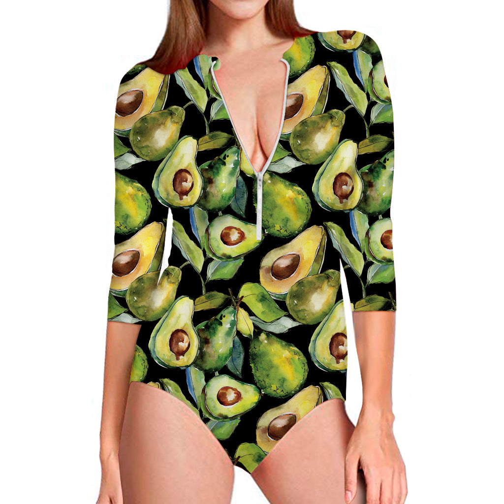 Watercolor Avocado Print Long Sleeve Swimsuit