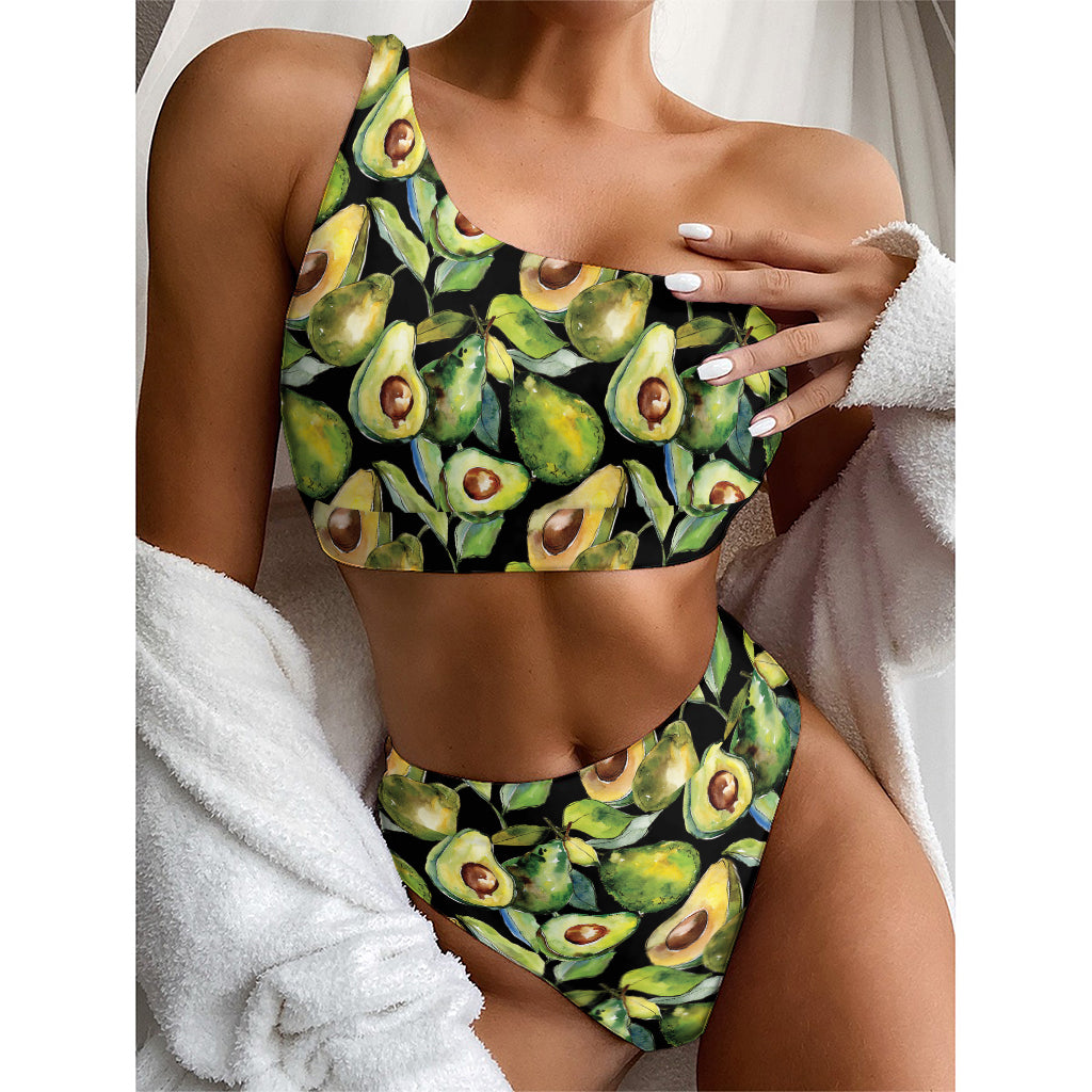 Watercolor Avocado Print One Shoulder Bikini Top