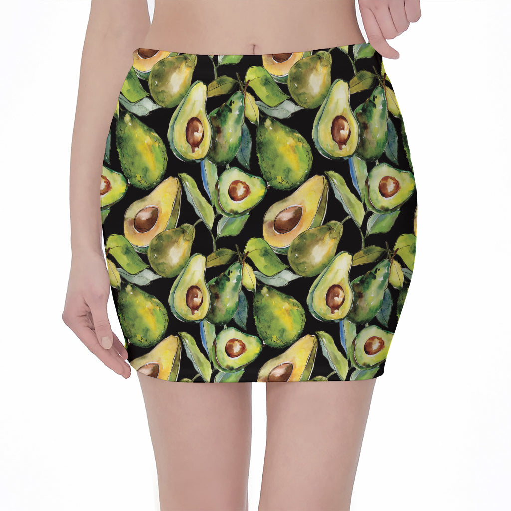 Watercolor Avocado Print Pencil Mini Skirt