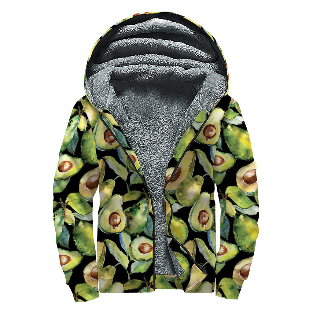 Watercolor Avocado Print Sherpa Lined Zip Up Hoodie