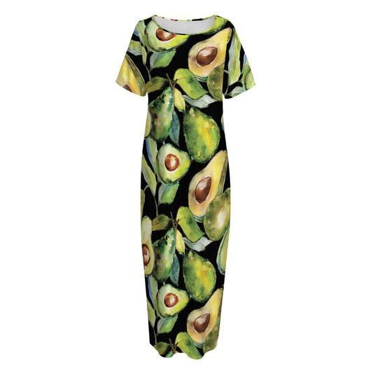 Watercolor Avocado Print Short Sleeve Long Nightdress