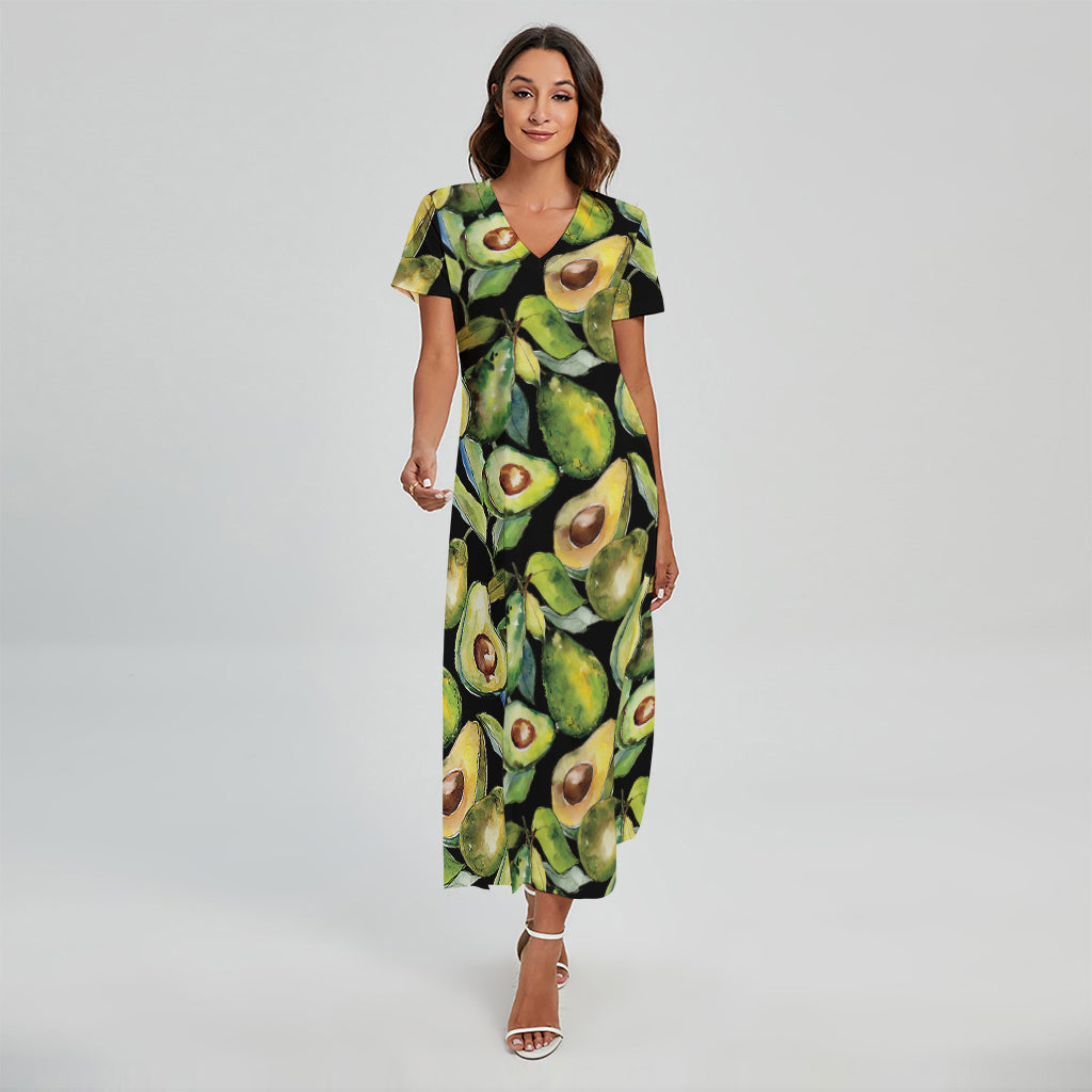 Watercolor Avocado Print Short Sleeve Maxi Dress