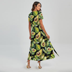 Watercolor Avocado Print Short Sleeve Maxi Dress