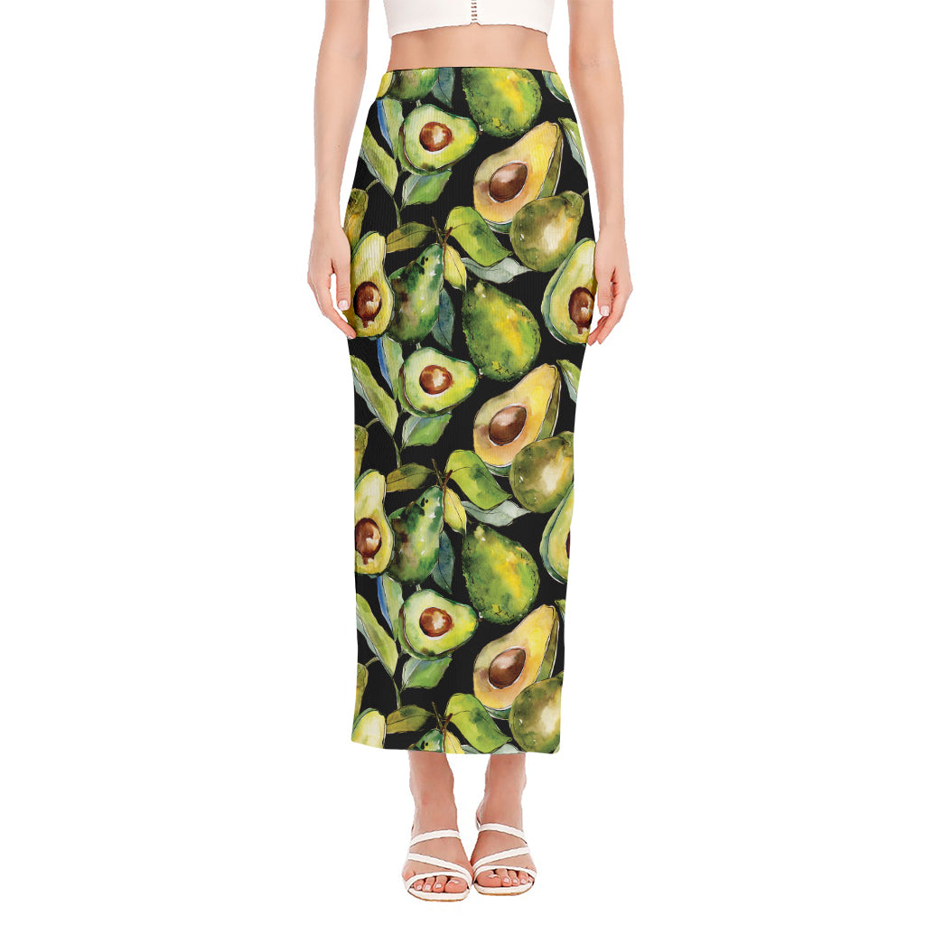 Watercolor Avocado Print Side Slit Maxi Skirt