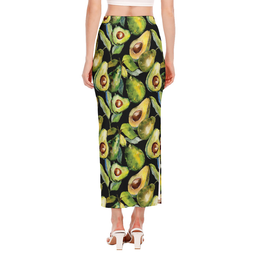 Watercolor Avocado Print Side Slit Maxi Skirt