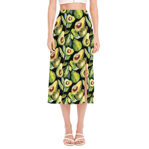 Watercolor Avocado Print Side Slit Midi Skirt