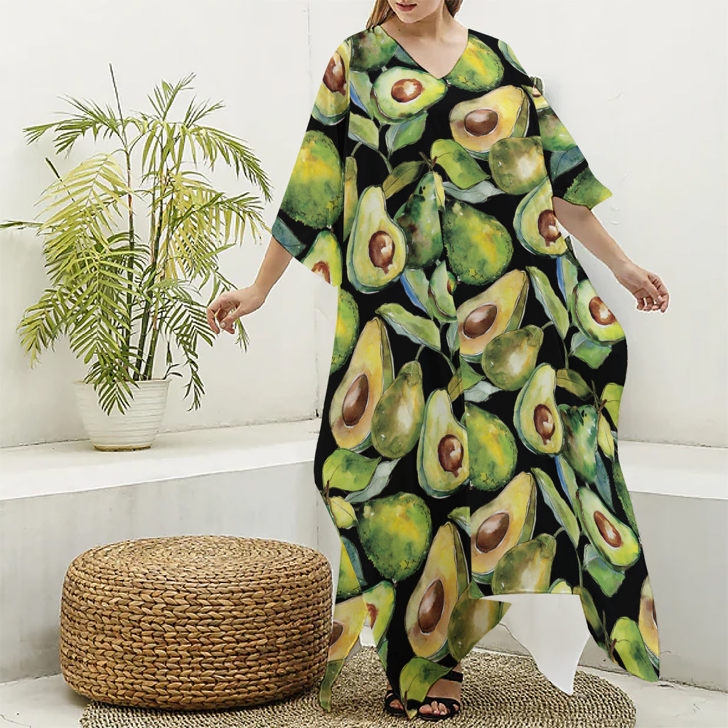 Watercolor Avocado Print Silk V-Neck Kaftan Dress