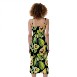 Watercolor Avocado Print Slim Fit Midi Cami Dress