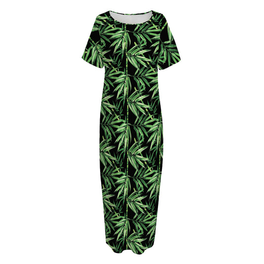 Watercolor Bamboo Pattern Print Short Sleeve Long Nightdress