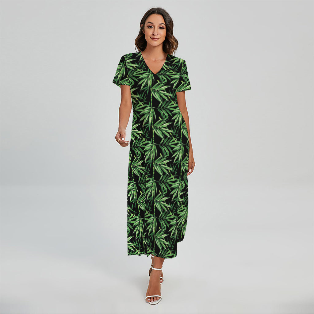 Watercolor Bamboo Pattern Print Short Sleeve Maxi Dress