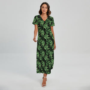 Watercolor Bamboo Pattern Print Short Sleeve Maxi Dress