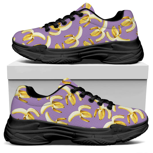 Watercolor Banana Pattern Print Black Chunky Shoes