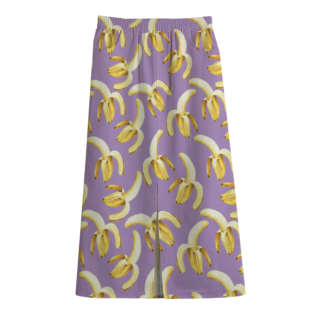 Watercolor Banana Pattern Print Cotton Front Slit Maxi Skirt