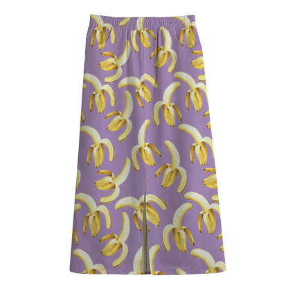 Watercolor Banana Pattern Print Cotton Front Slit Maxi Skirt