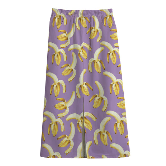 Watercolor Banana Pattern Print Cotton Front Slit Maxi Skirt
