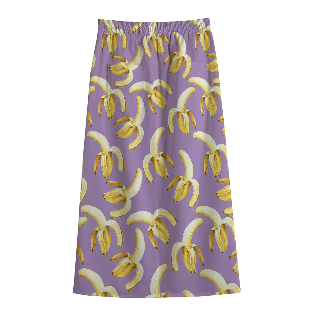 Watercolor Banana Pattern Print Cotton Front Slit Maxi Skirt