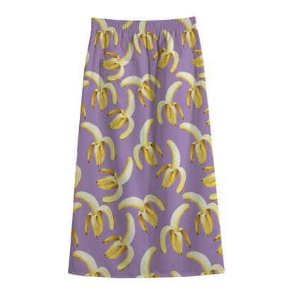 Watercolor Banana Pattern Print Cotton Front Slit Maxi Skirt