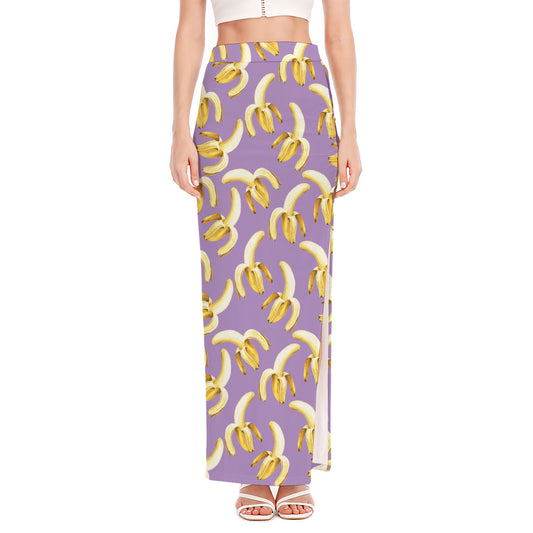 Watercolor Banana Pattern Print High Slit Maxi Skirt