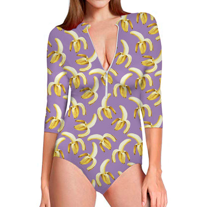 Watercolor Banana Pattern Print Long Sleeve Swimsuit