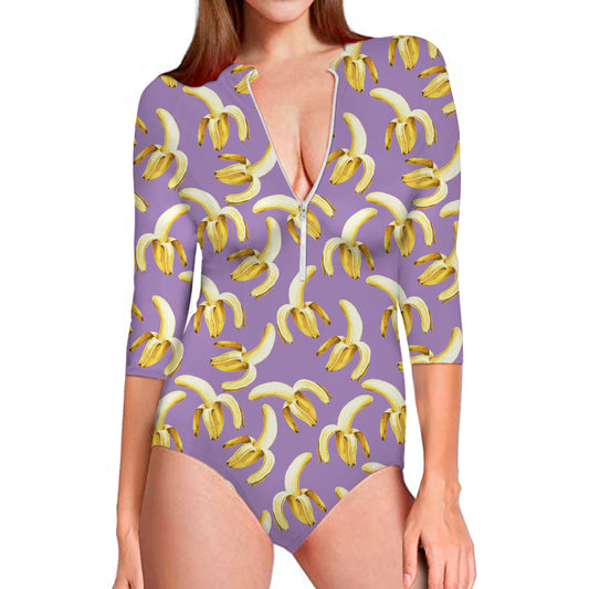 Watercolor Banana Pattern Print Long Sleeve Swimsuit