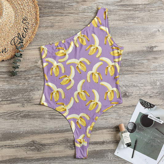 Watercolor Banana Pattern Print One Shoulder Bodysuit