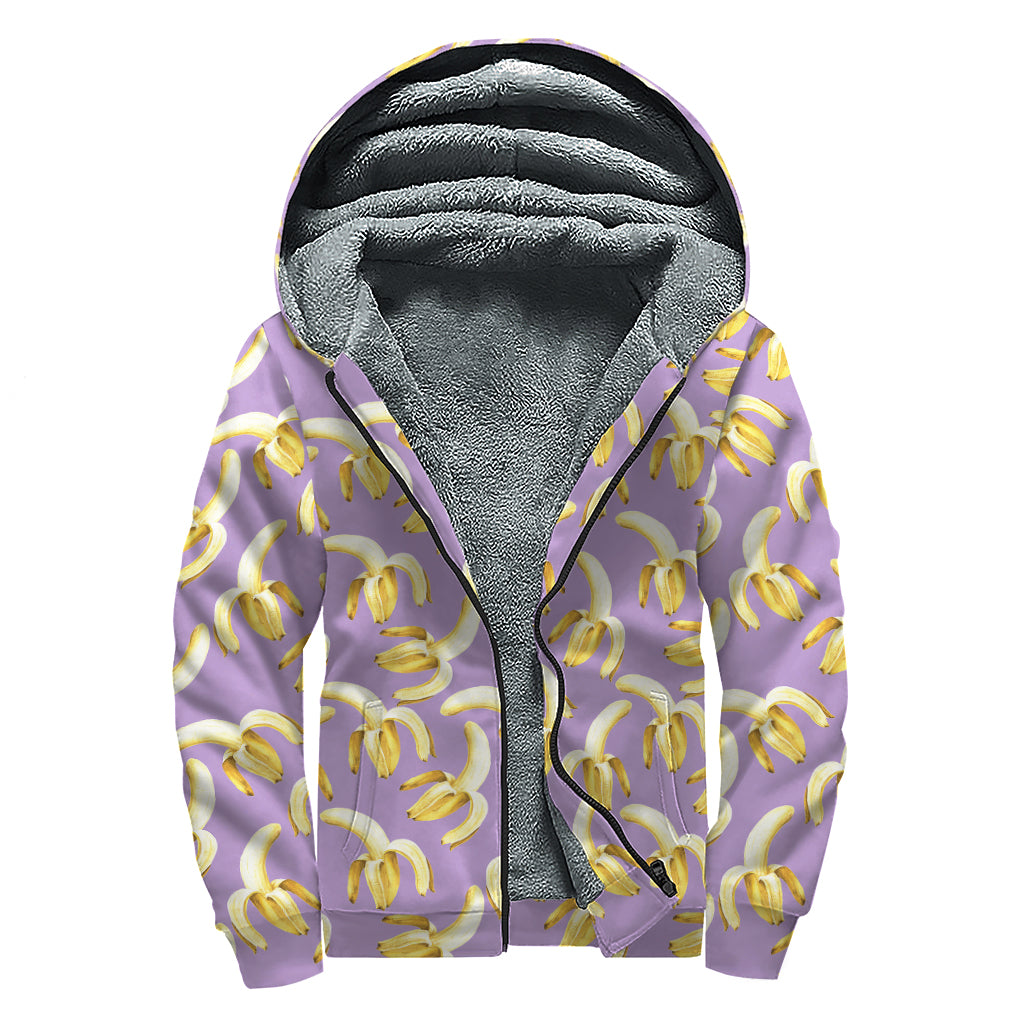 Watercolor Banana Pattern Print Sherpa Lined Zip Up Hoodie