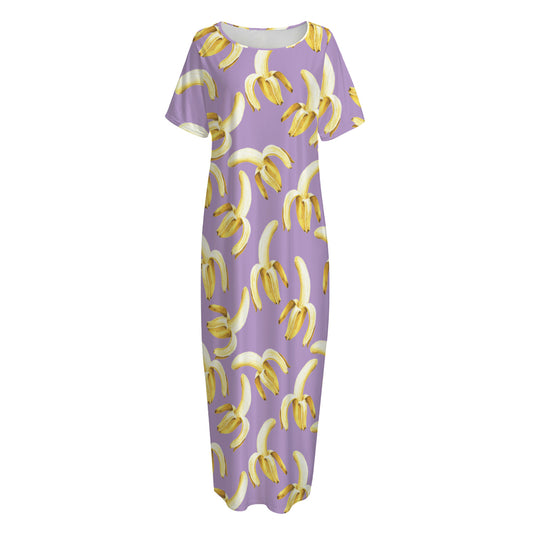 Watercolor Banana Pattern Print Short Sleeve Long Nightdress