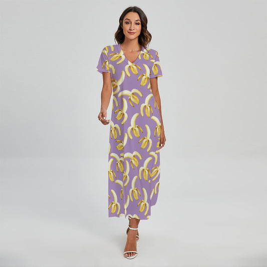 Watercolor Banana Pattern Print Short Sleeve Maxi Dress