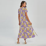 Watercolor Banana Pattern Print Short Sleeve Maxi Dress
