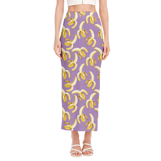 Watercolor Banana Pattern Print Side Slit Maxi Skirt