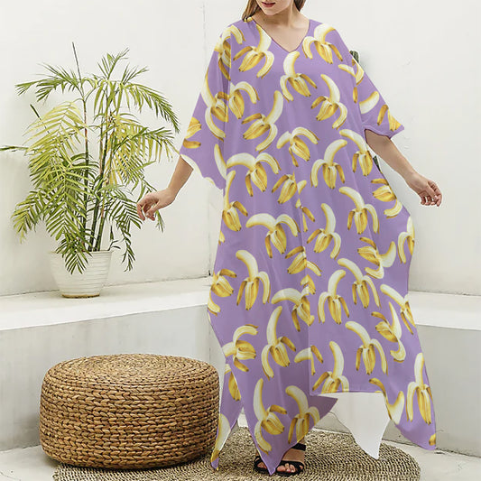 Watercolor Banana Pattern Print Silk V-Neck Kaftan Dress