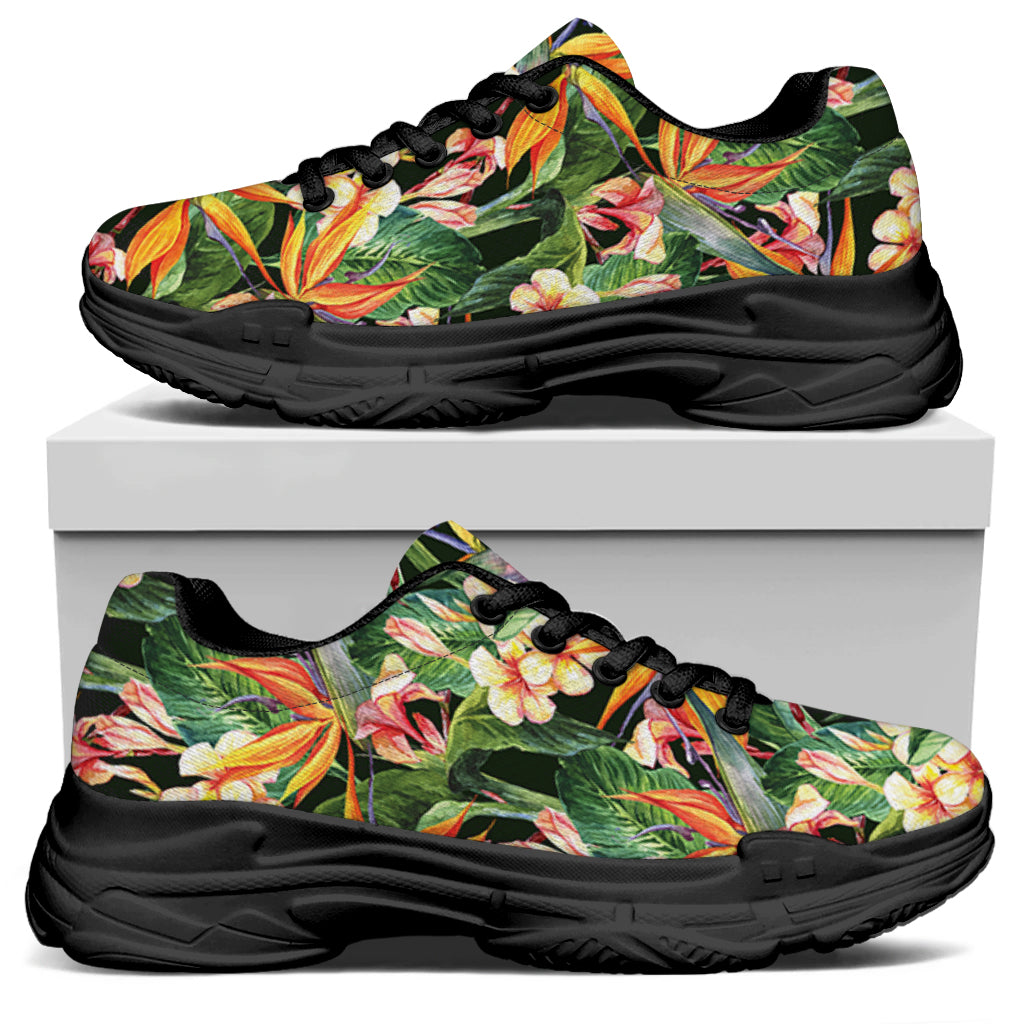 Watercolor Bird Of Paradise Print Black Chunky Shoes