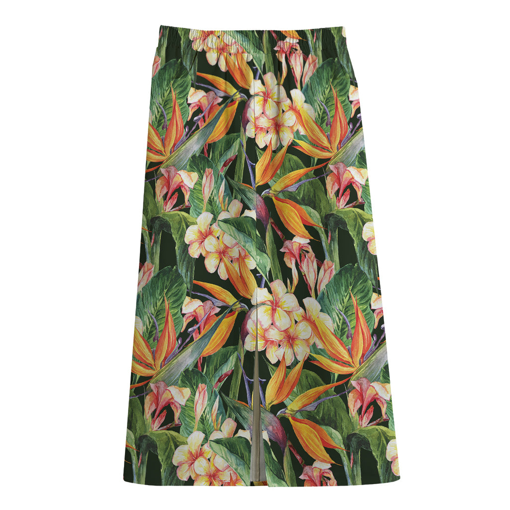 Watercolor Bird Of Paradise Print Cotton Front Slit Maxi Skirt