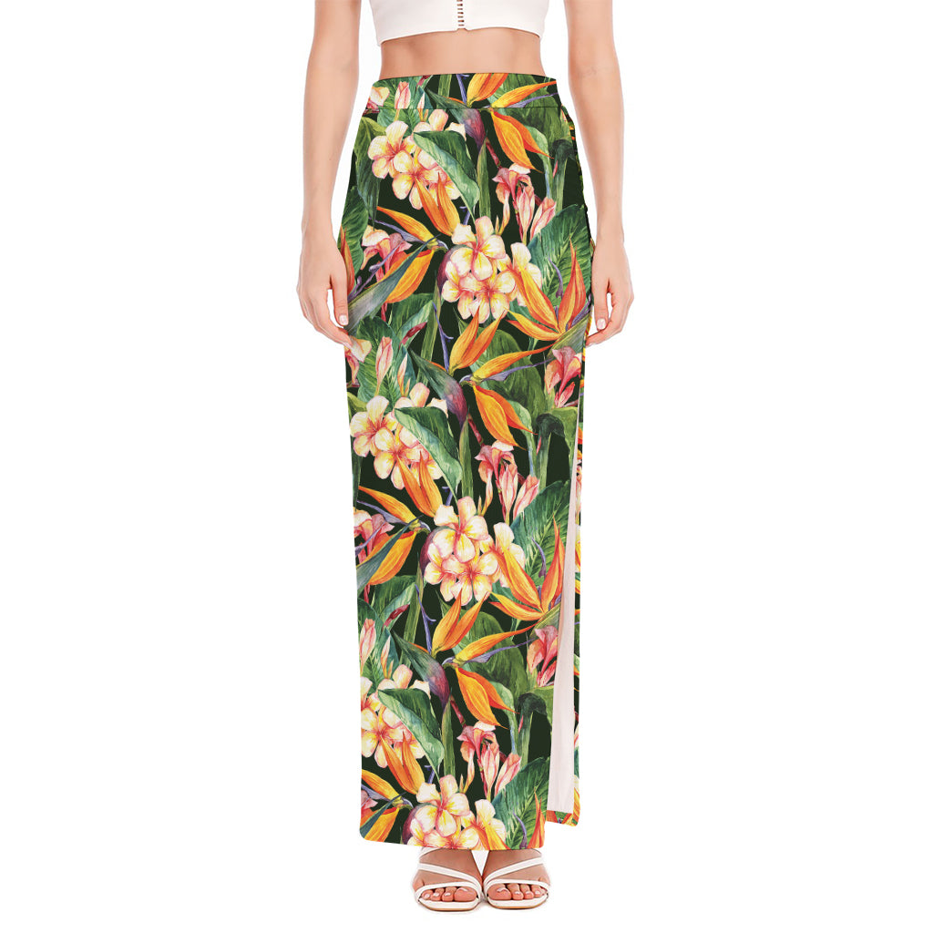 Watercolor Bird Of Paradise Print High Slit Maxi Skirt