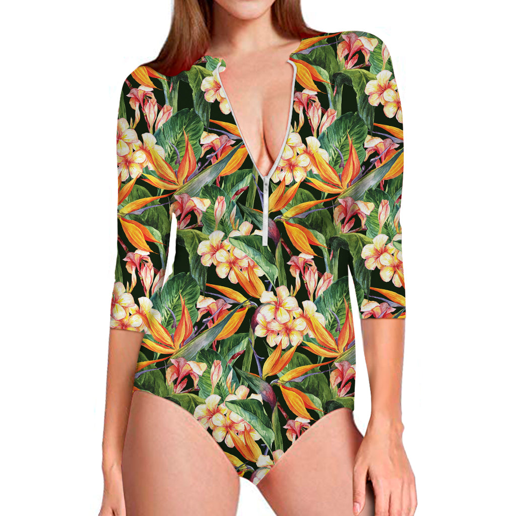 Watercolor Bird Of Paradise Print Long Sleeve Swimsuit