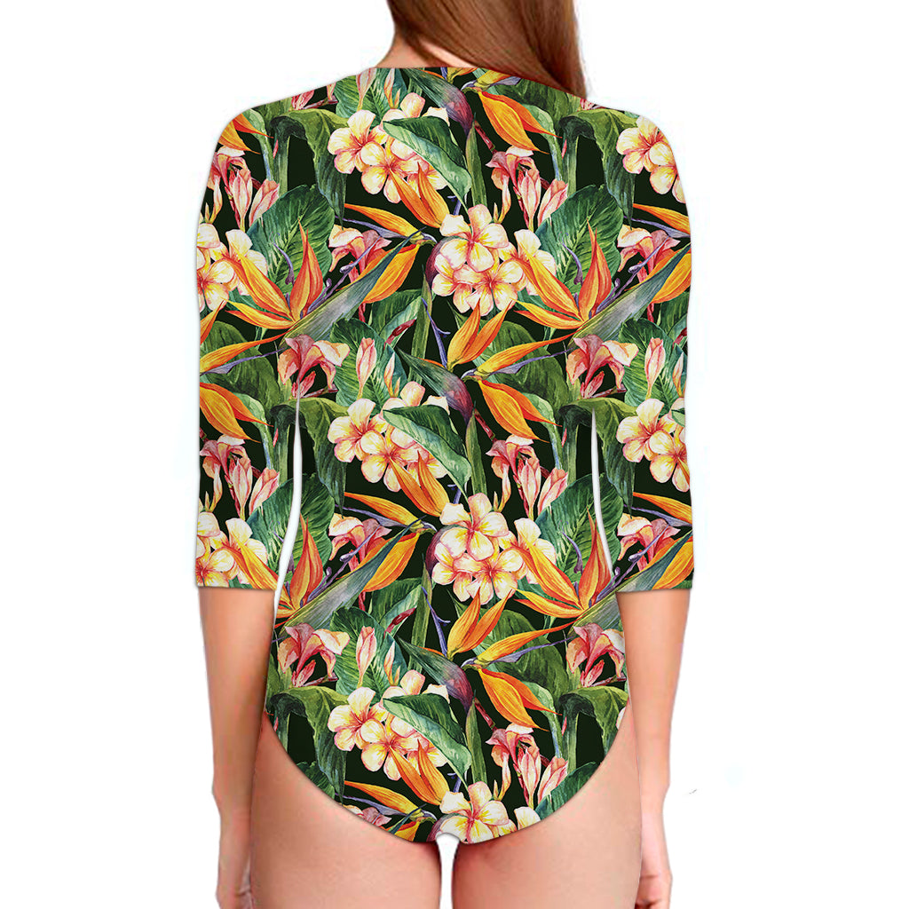 Watercolor Bird Of Paradise Print Long Sleeve Swimsuit