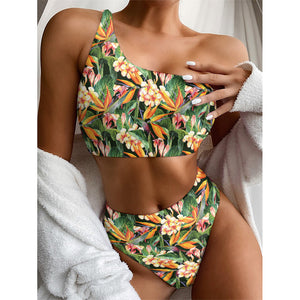 Watercolor Bird Of Paradise Print One Shoulder Bikini Top