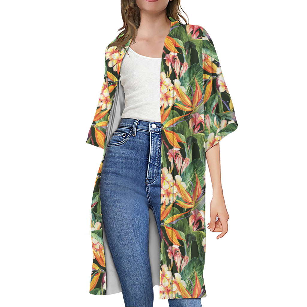 Watercolor Bird Of Paradise Print Open Front Beach Cover Up