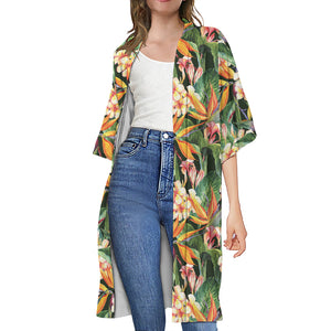 Watercolor Bird Of Paradise Print Open Front Beach Cover Up