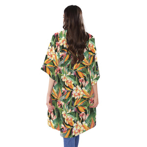 Watercolor Bird Of Paradise Print Open Front Beach Cover Up