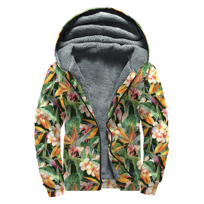 Watercolor Bird Of Paradise Print Sherpa Lined Zip Up Hoodie