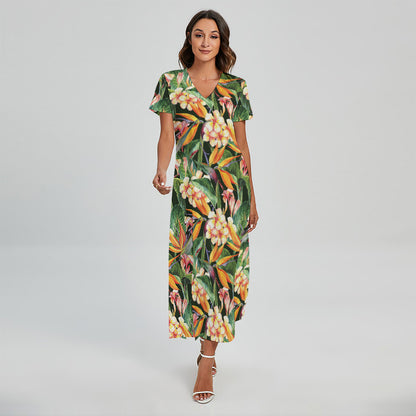 Watercolor Bird Of Paradise Print Short Sleeve Maxi Dress